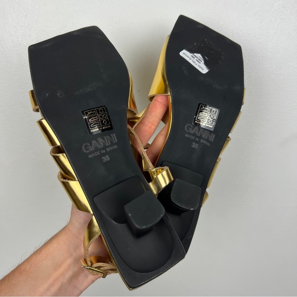 Ganni 2022 Square Toe Gold Strappy Kitten Heel Sandals - Picture 8 of 9